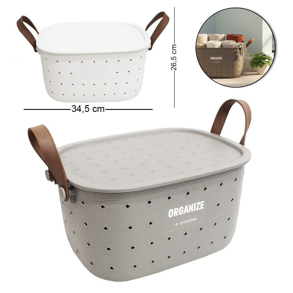 CAIXA CESTO ORGANIZADOR DE PLASTICO OVAL VAZADO COM TAMPA + ALCA 34,5X26,5X18,5CM