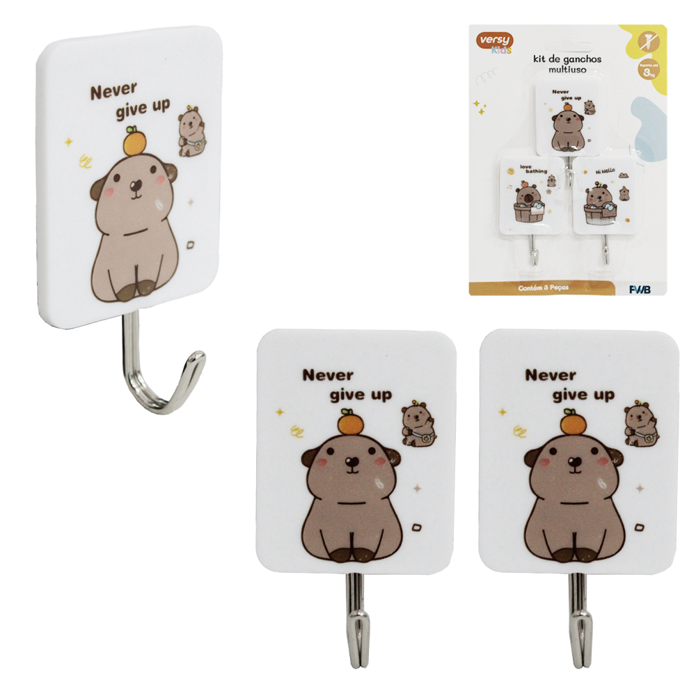 CABIDE GANCHO DE METAL CAPIVARA RETANGULAR AUTOADESIVO VERSY KIDS COM 3 PECAS 6,8X4CM