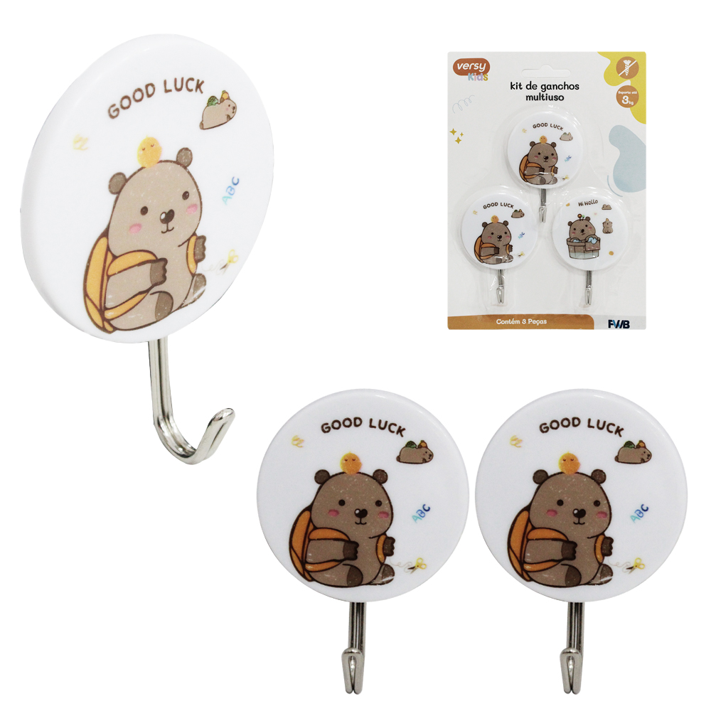 CABIDE GANCHO DE METAL CAPIVARA REDONDO AUTOADESIVO VERSY KIDS COM 3 PECAS 6,8X4,8CM DE Ø