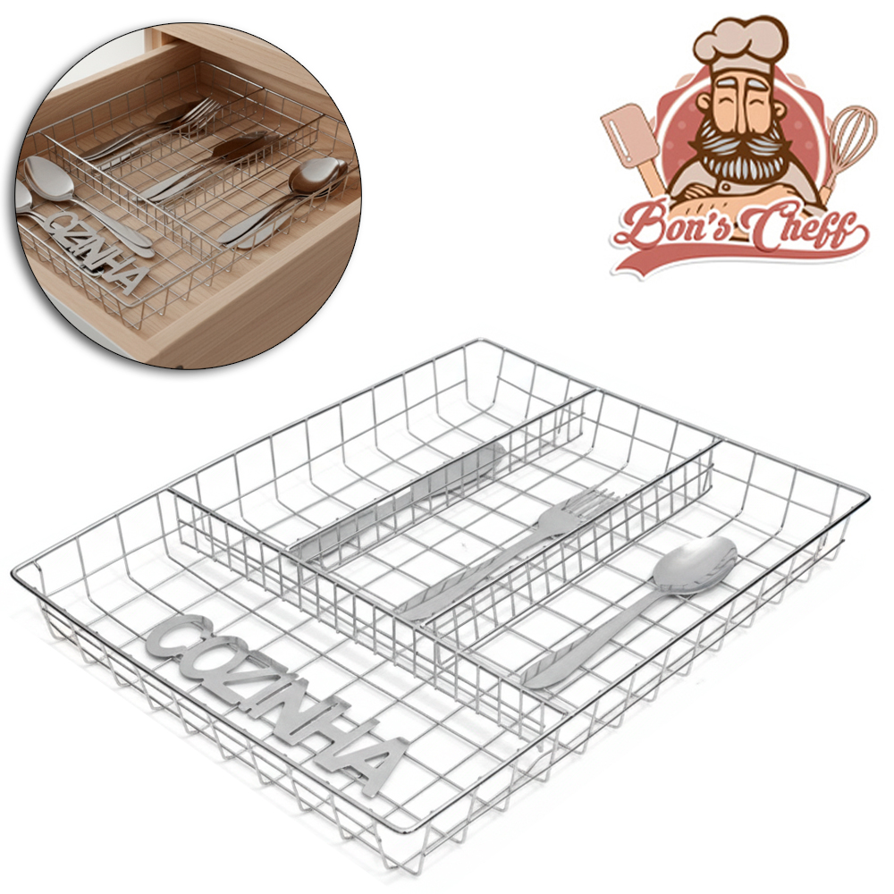 PORTA TALHER DE GAVETA ARAMADO TALHERES COZINHA COM 4 DIVISORIAS CROMADO 33X26X4CM BONS CHEFF