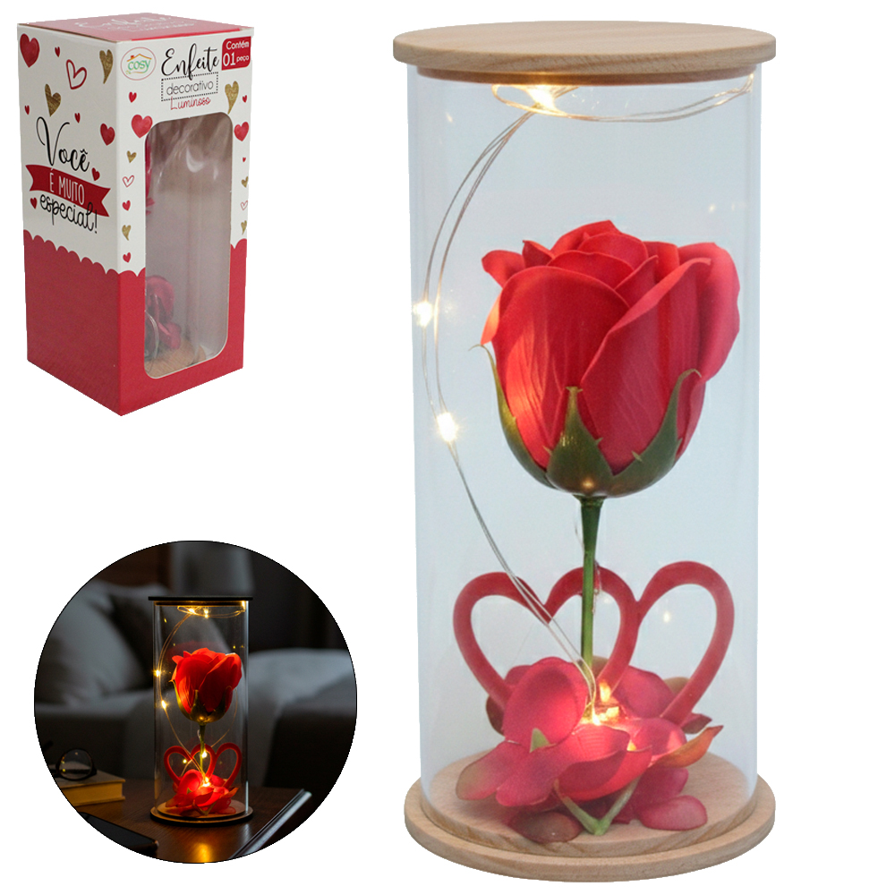 ENFEITE CUPULA DE VIDRO COM FLOR E CORACAO MICRO LED A BATERIA 16X7,5CM DE Ø
