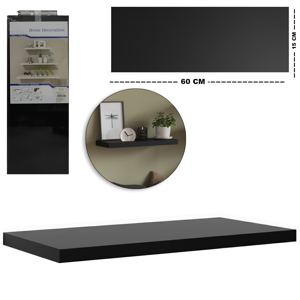 PRATELEIRA RETANGULAR DE MADEIRA MDF PRETO 60X15X1,8CM