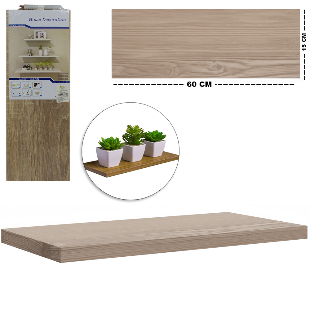 PRATELEIRA RETANGULAR DE MADEIRA MDF AMADEIRADO 60X15X1,8CM