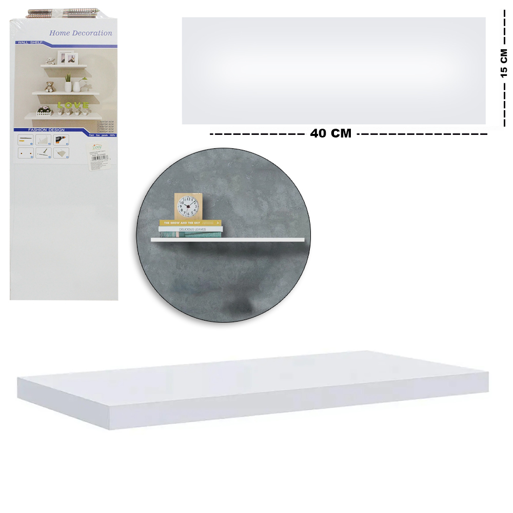 PRATELEIRA RETANGULAR DE MADEIRA MDF BRANCA 40X15X1,8CM