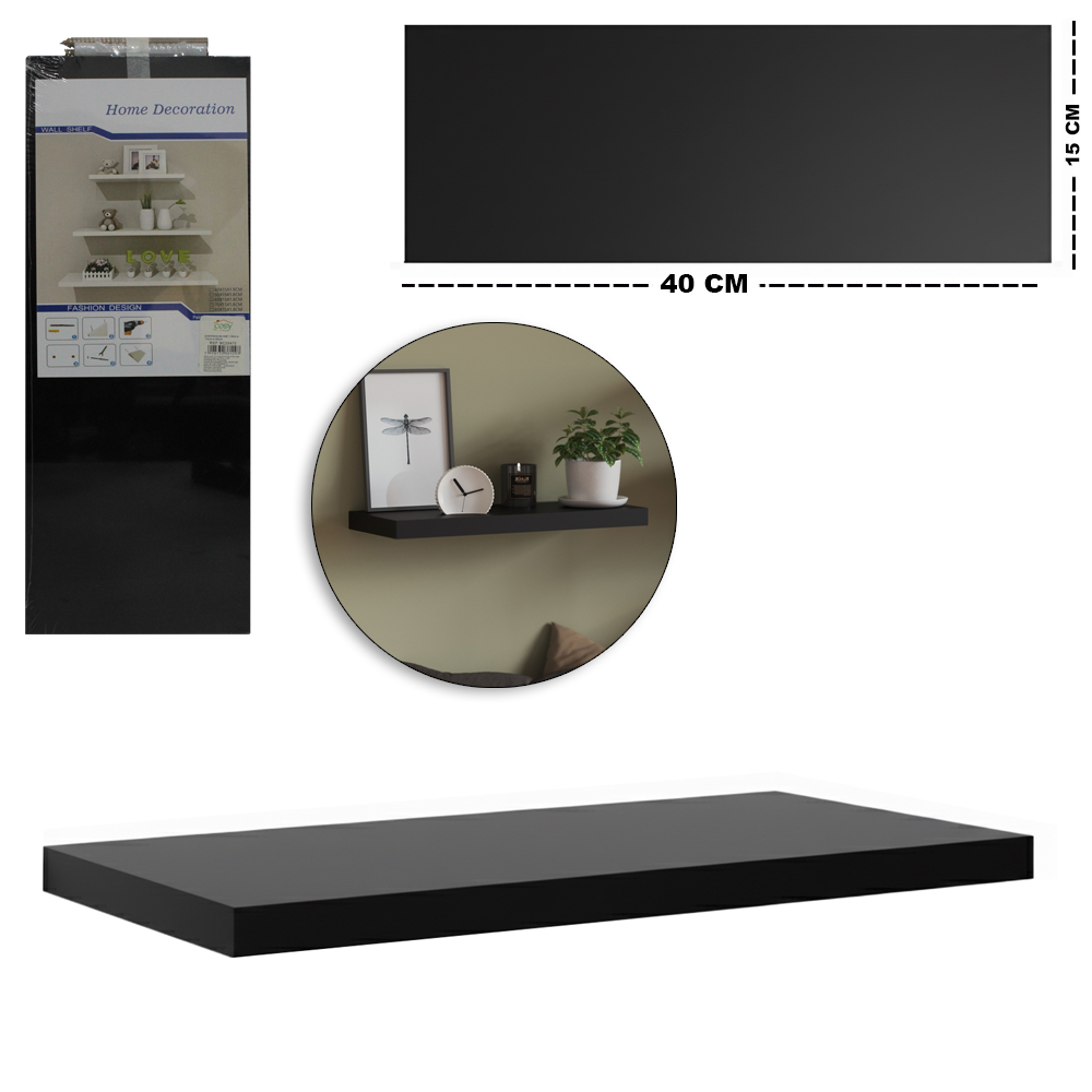 PRATELEIRA RETANGULAR DE MADEIRA MDF PRETO 40X15X1,8CM