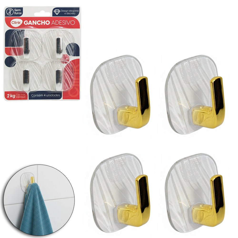CABIDE GANCHO DE PLASTICO PET FLEXIVEL QUADRADO AUTOADESIVO TRANSPARENTE COM 4 PECAS 5,7CM