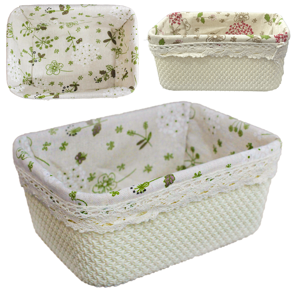 CESTA DE PLASTICO RETANGULAR COM ALCA + FORRO DE POLIESTER 21X16X9CM