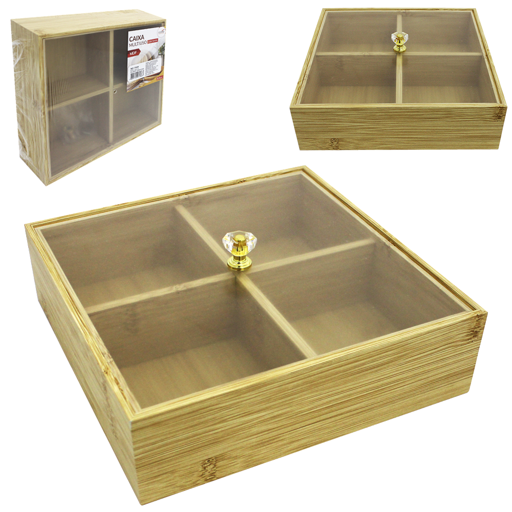 CAIXA ORGANIZADOR DE MADEIRA MDF QUADRADA PARA CHA COM 4 DIVISORIAS + TAMPA ACRILICO MULTIUSO 20X5,7CM