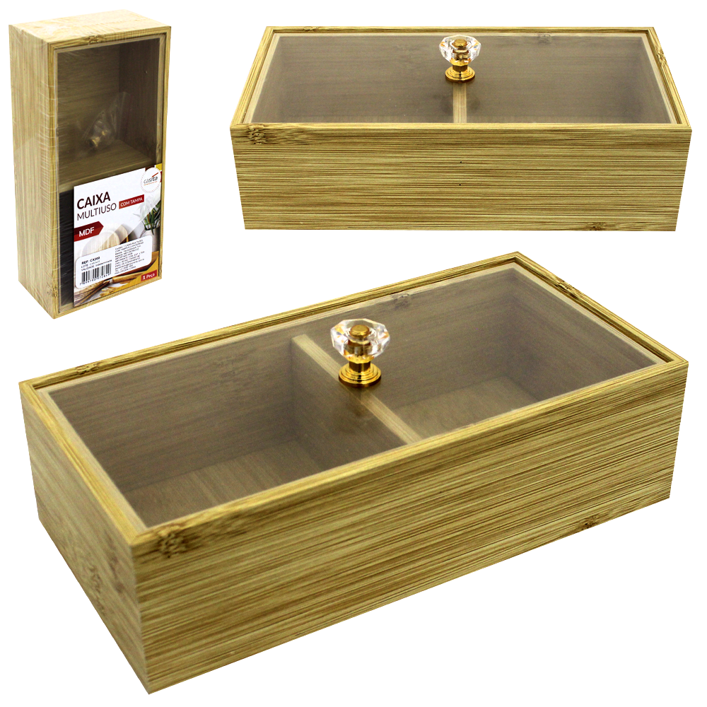 CAIXA ORGANIZADOR DE MADEIRA MDF RETANGULAR PARA CHA COM 2 DIVISORIAS + TAMPA ACRILICO MULTIUSO 20X10X5,7CM
