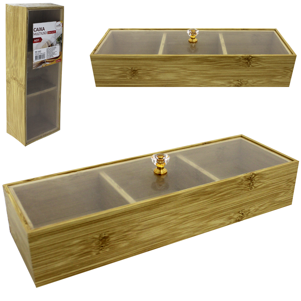 CAIXA ORGANIZADOR DE MADEIRA MDF RETANGULAR PARA CHA COM 3 DIVISORIAS + TAMPA ACRILICO MULTIUSO 30X10X5,7CM