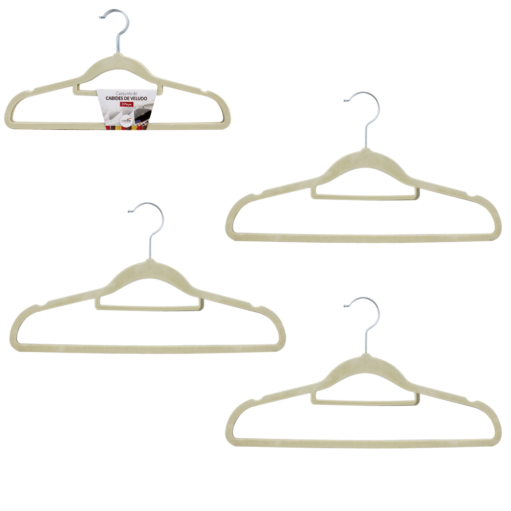 CABIDE ROUPA DE PLASTICO REVESTIDO EM VELUDO COM CAVA BEGE 3 PECAS 42X21CM 4MM