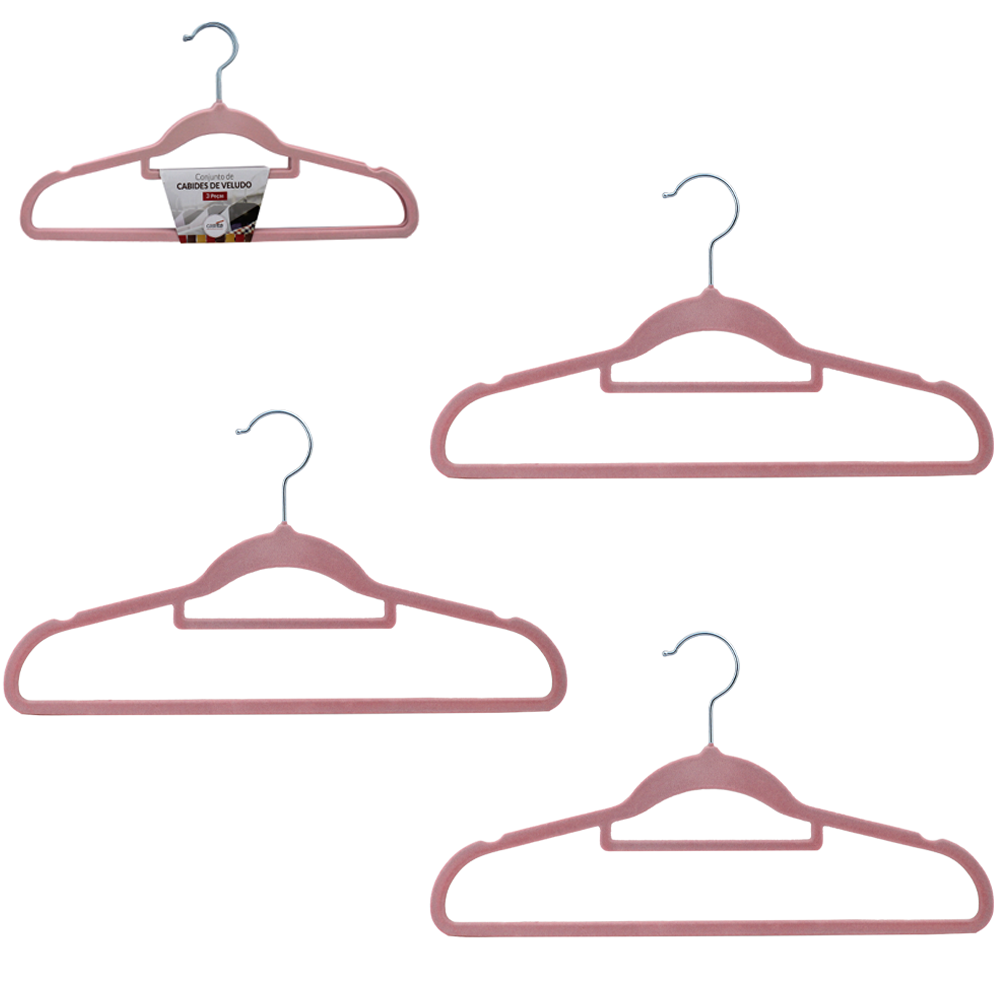 CABIDE ROUPA DE PLASTICO REVESTIDO EM VELUDO COM CAVA ROSA 3 PECAS 42X21CM 4MM