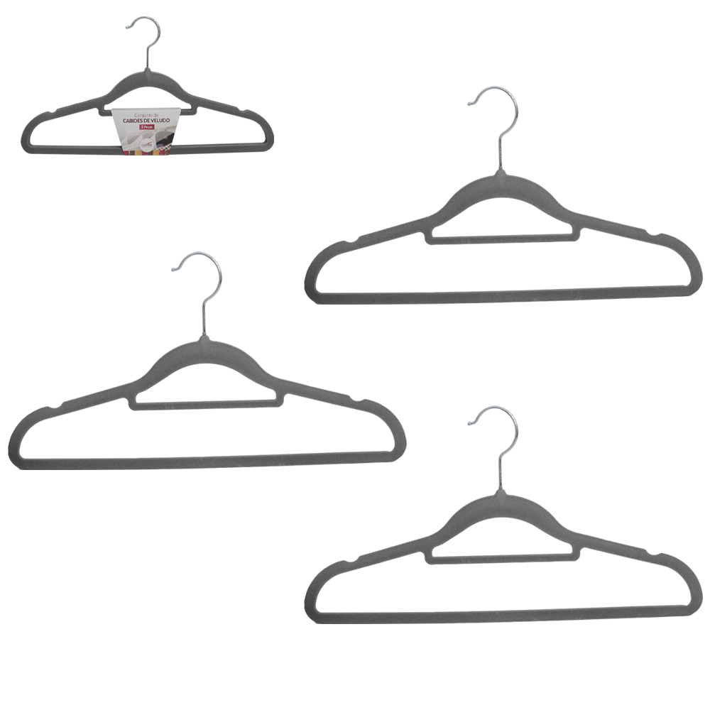 CABIDE ROUPA DE PLASTICO REVESTIDO EM VELUDO COM CAVA CINZA 3 PECAS 42X21CM 4MM