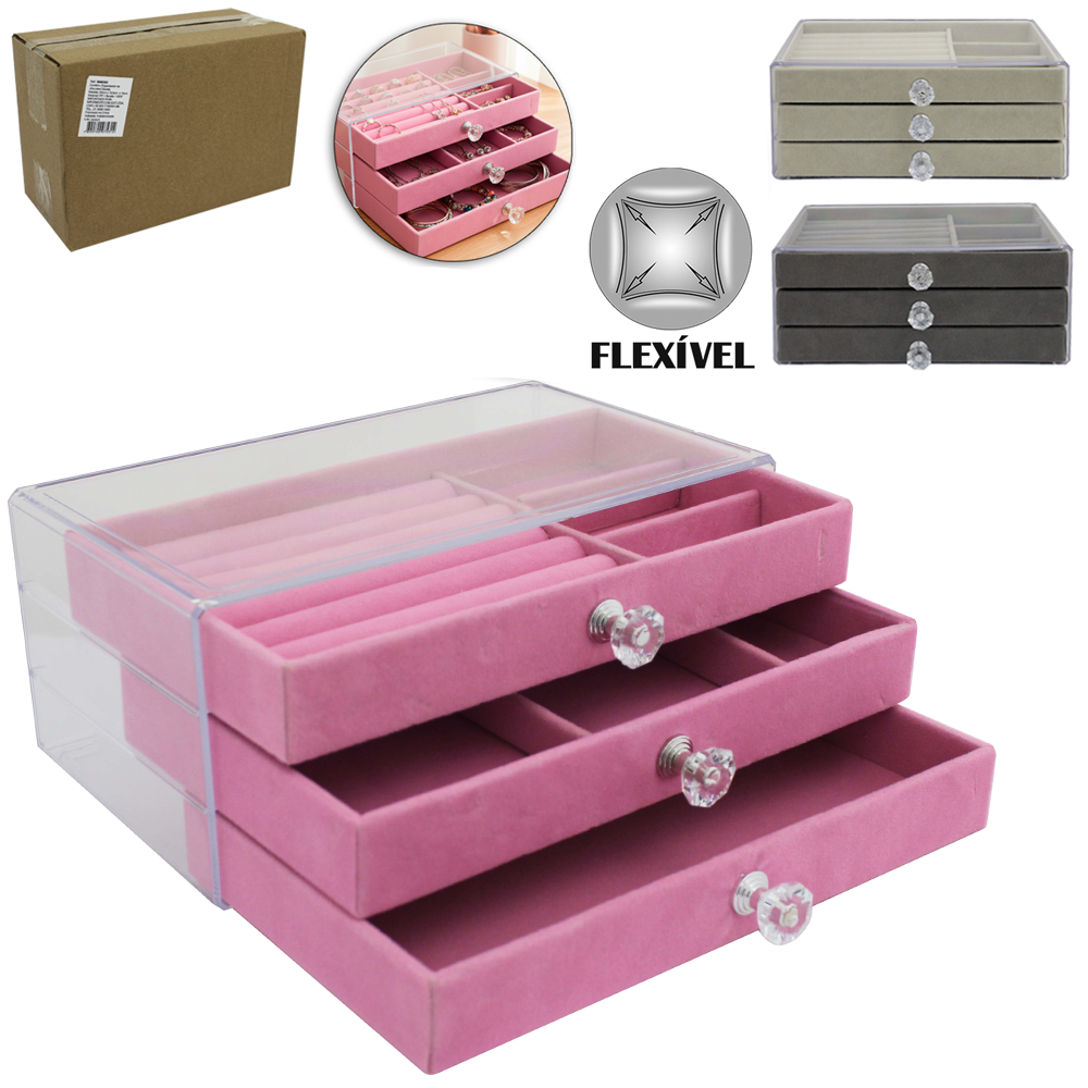 ORGANIZADOR PORTA JOIAS DE POLIESTER / PLASTICO PET FLEXIVEL RETANGULAR COM 3 GAVETAS + 10 DIVISORIAS 23X13,5X10CM