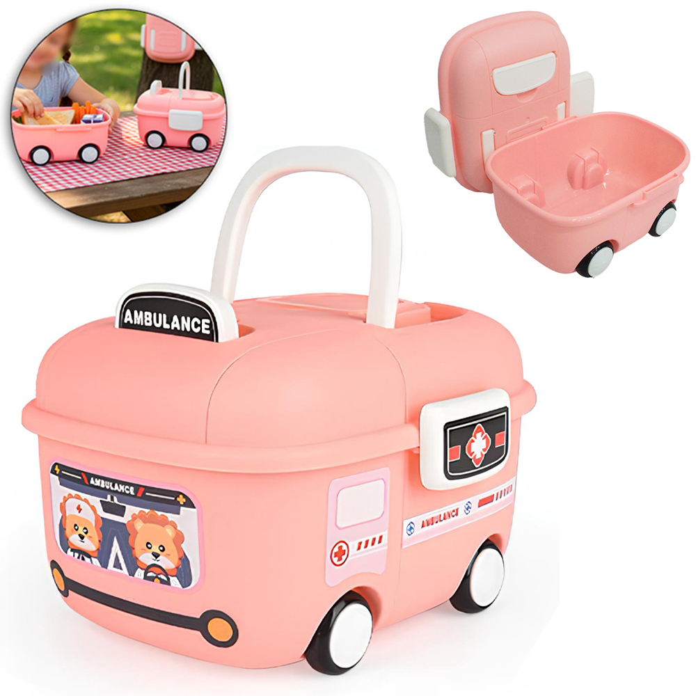 ORGANIZADOR DE PLASTICO COM ALCA E RODINHA AMBULANCIA ROSA 20X14X10CM