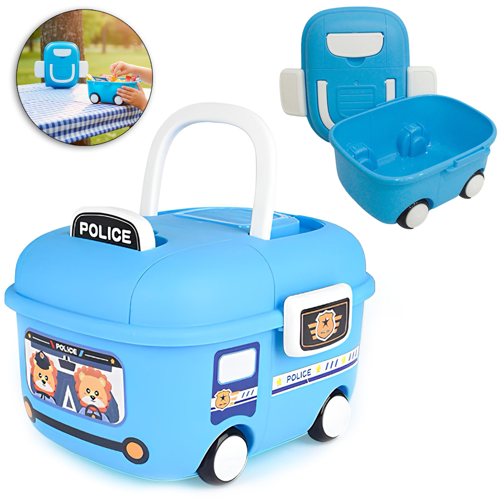 ORGANIZADOR DE PLASTICO COM ALCA E RODINHA POLICIA AZUL 20X14X10CM