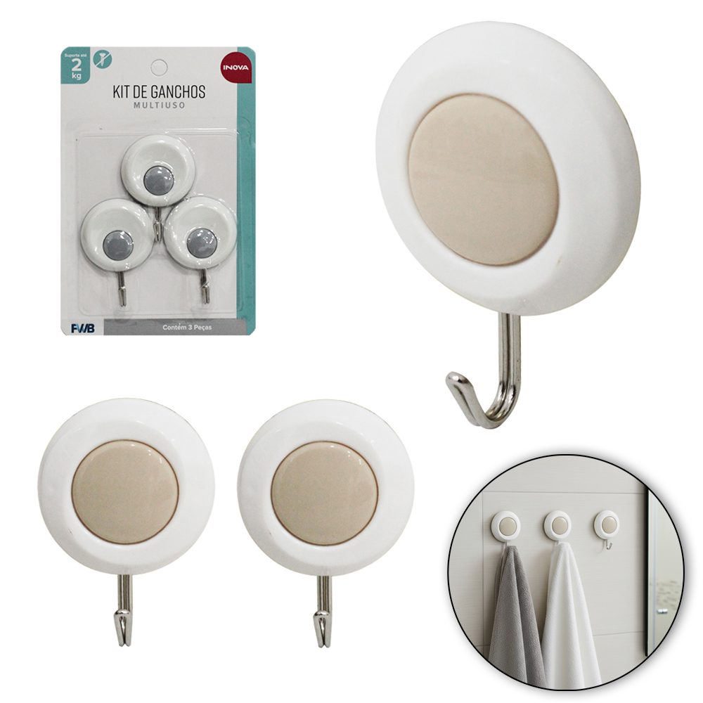 CABIDE GANCHO DE METAL REDONDO AUTOADESIVO INOVA COM 3 PECAS 6,6X4,8CM DE Ø