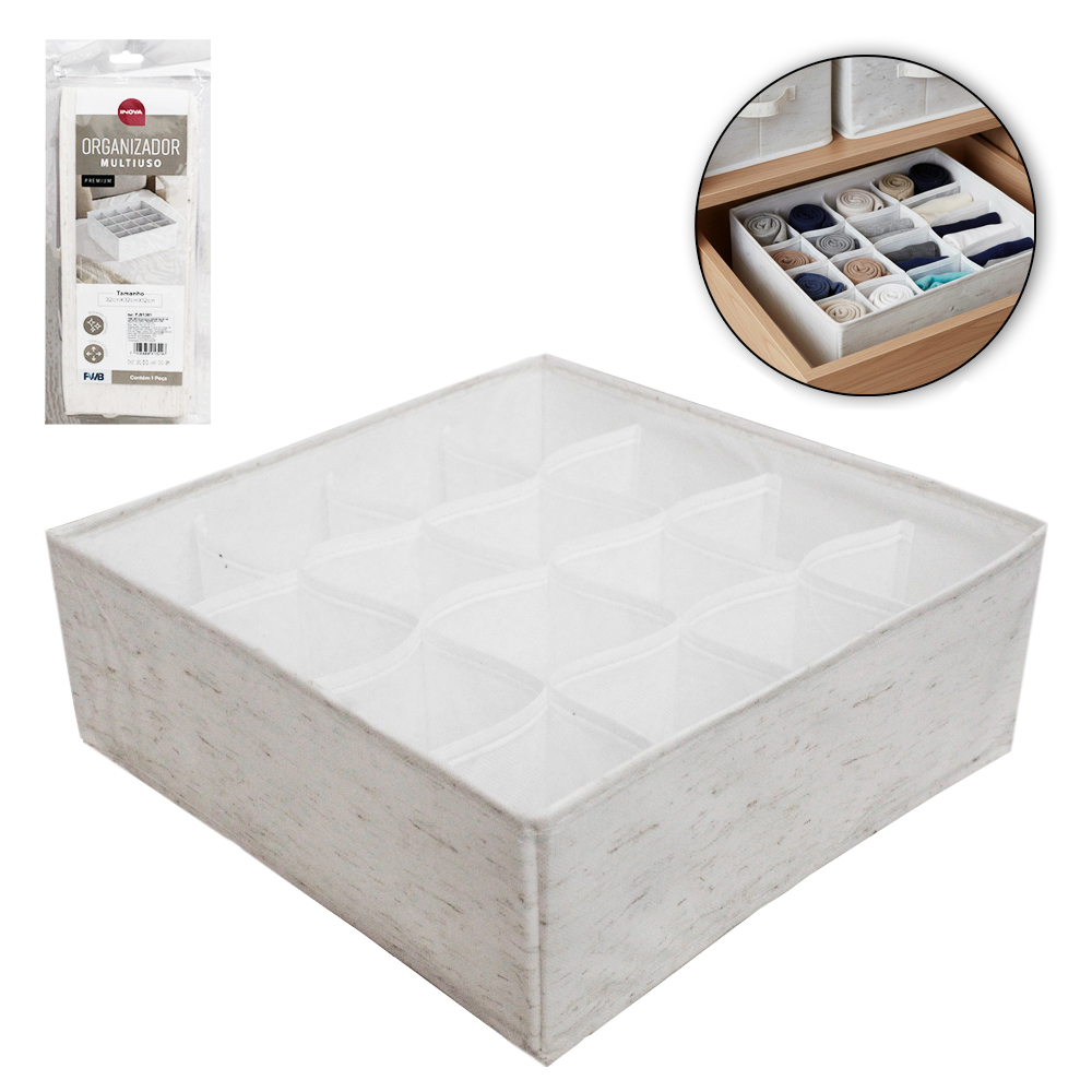 CAIXA ORGANIZADOR OXFORD (PVC/TNT) DOBRAVEL MULTIUSO INOVA PREMIUM COM 16 DIVISORIAS 32X32X12CM