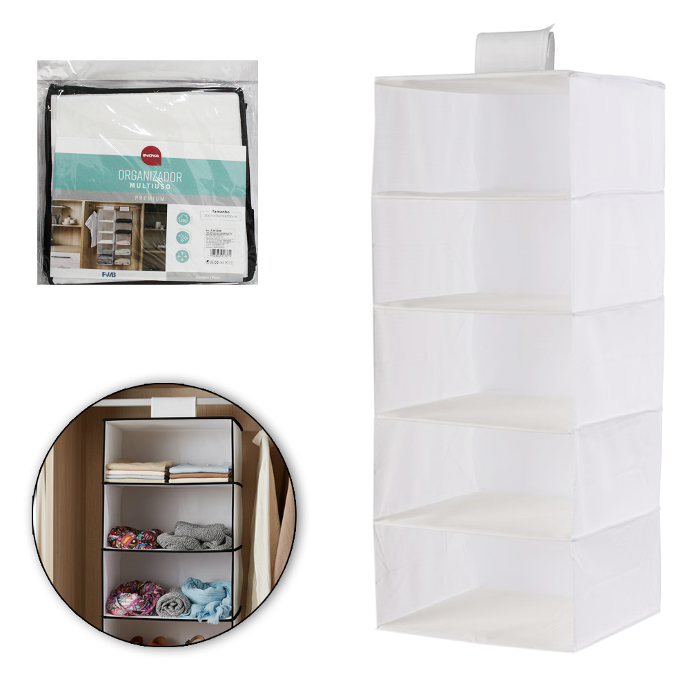 ORGANIZADOR DE PVC / TNT PARA PENDURAR MULTIUSO INOVA PREMIUM COM 5 DIVISORIAS 100X30X30CM