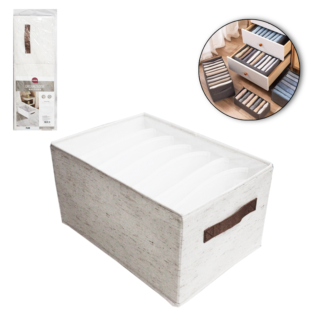 CAIXA ORGANIZADOR OXFORD (PVC/TNT) DOBRAVEL ROUPAS INTIMAS MULTIUSO COM ALCA INOVA 7 DIVISORIAS 36X25X20CM