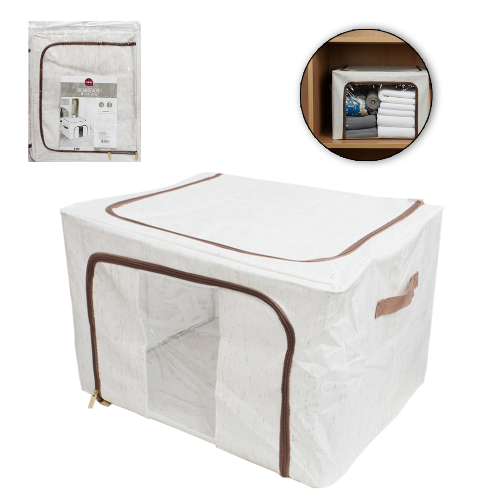 CAIXA ORGANIZADOR DE PVC / TNT DOBRAVEL MULTIUSO COM VISOR E ZIPER + ALCA 50X40X33CM