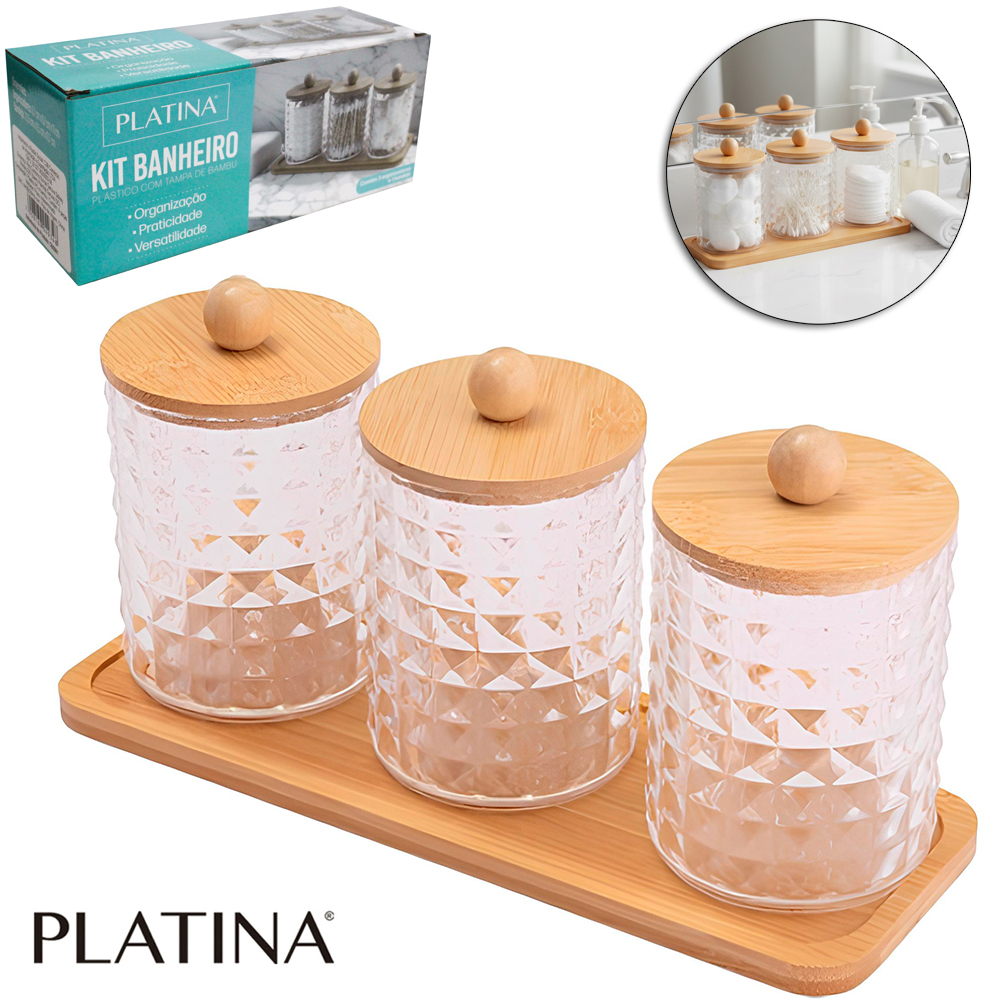 ORGANIZADOR PORTA ALGODAO E COTONETE DE ACRILICO TRIPLO COM TAMPA E BANDEJA DE BAMBU PLATINA 23,5X8,5X7CM