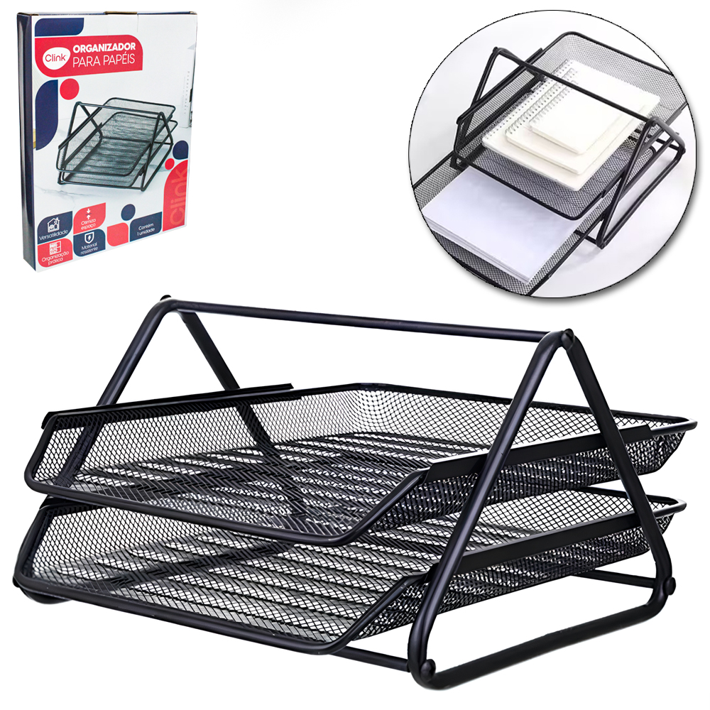 ORGANIZADOR DE MESA DE ESCRITORIO ARAMADO COM 2 DIVISORIAS 35X30X18CM