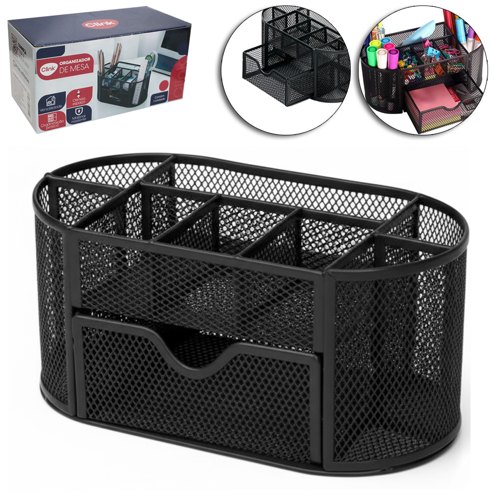 ORGANIZADOR DE MESA / PORTA CANETA / LAPIS / CLIPS E PAPEL COM GAVETA ARAMADO 22X11X10,5CM