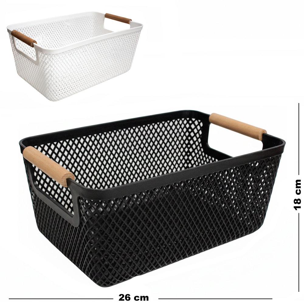 CESTO ORGANIZADOR DE PLASTICO RETANGULAR VAZADO COM ALCA DE MADEIRA 26X18X12CM
