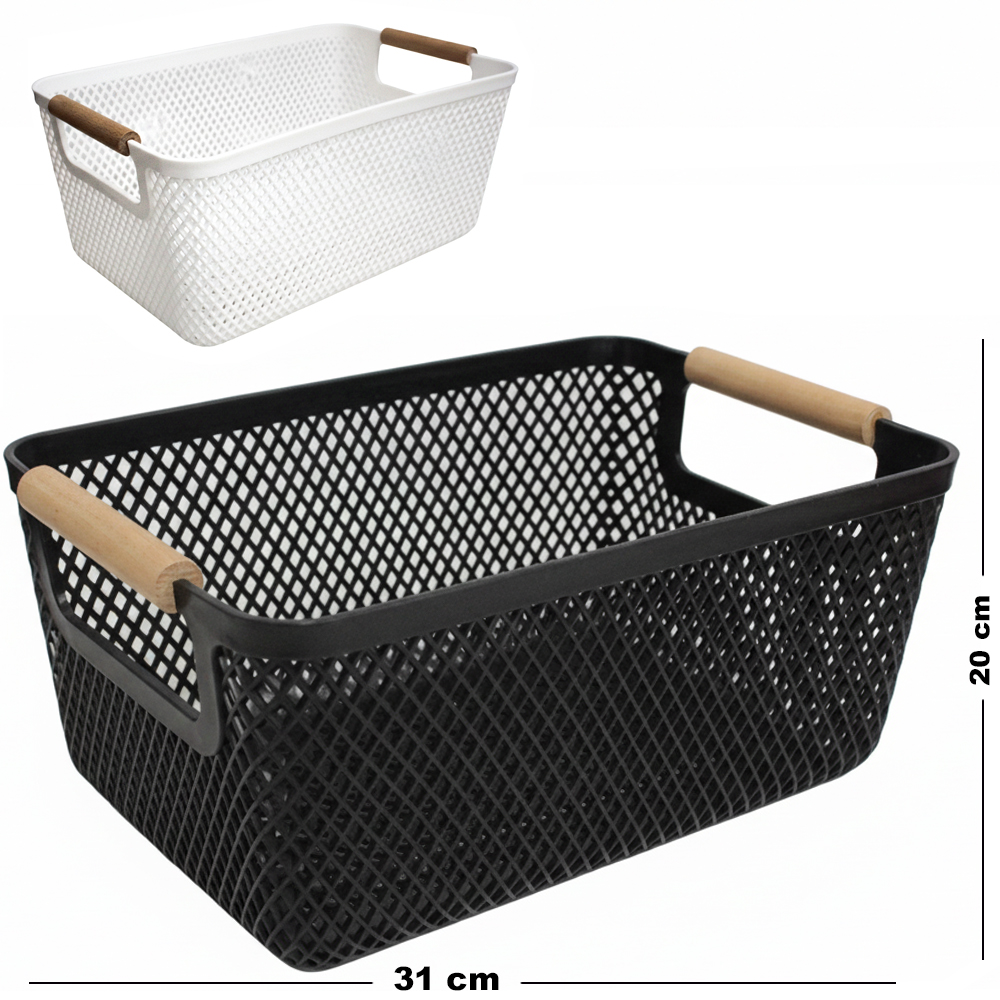 CESTO ORGANIZADOR DE PLASTICO RETANGULAR VAZADO COM ALCA DE MADEIRA 31X20X14CM