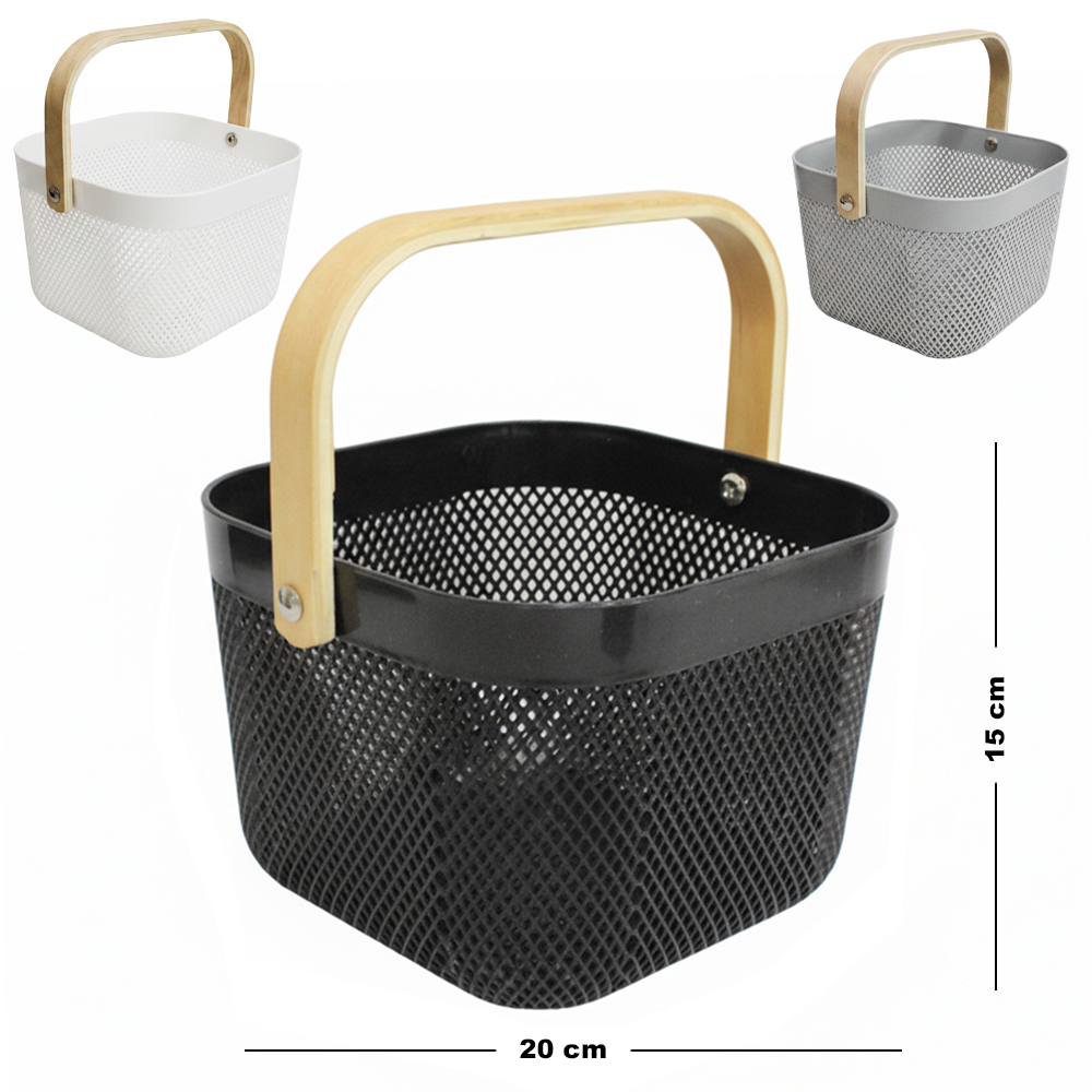 CESTO ORGANIZADOR DE PLASTICO QUADRADO VAZADO COM ALCA DE MADEIRA 20X15CM