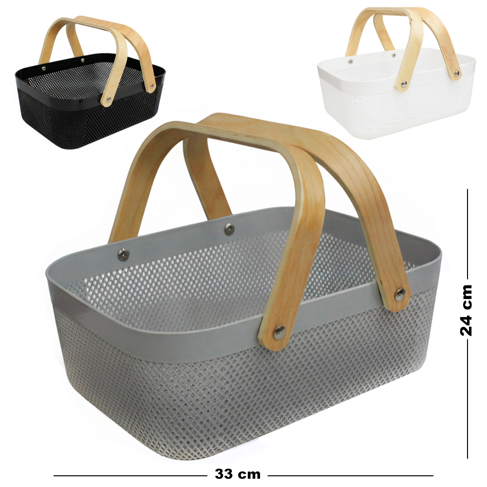 CESTO ORGANIZADOR DE PLASTICO RETANGULAR VAZADO COM ALCA DE MADEIRA 33X24X13CM
