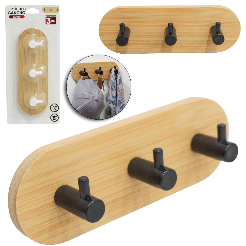 CABIDE GANCHO DE BAMBU / PLASTICO RETANGULAR TRIPLO AUTOADESIVO 14,5X5X5CM