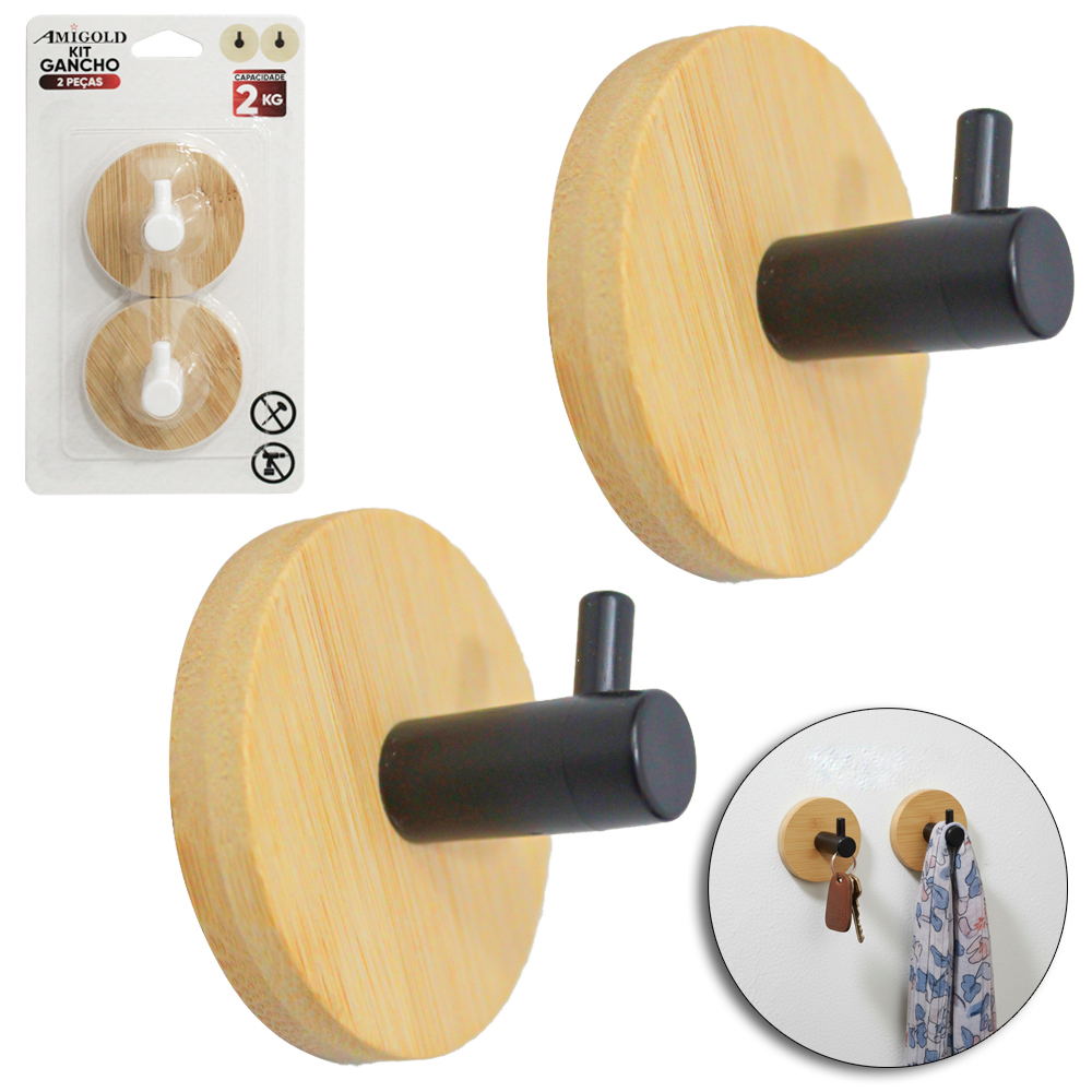 CABIDE GANCHO DE BAMBU / PLASTICO REDONDO AUTOADESIVO COM 2 PECAS 4X5 DE Ø