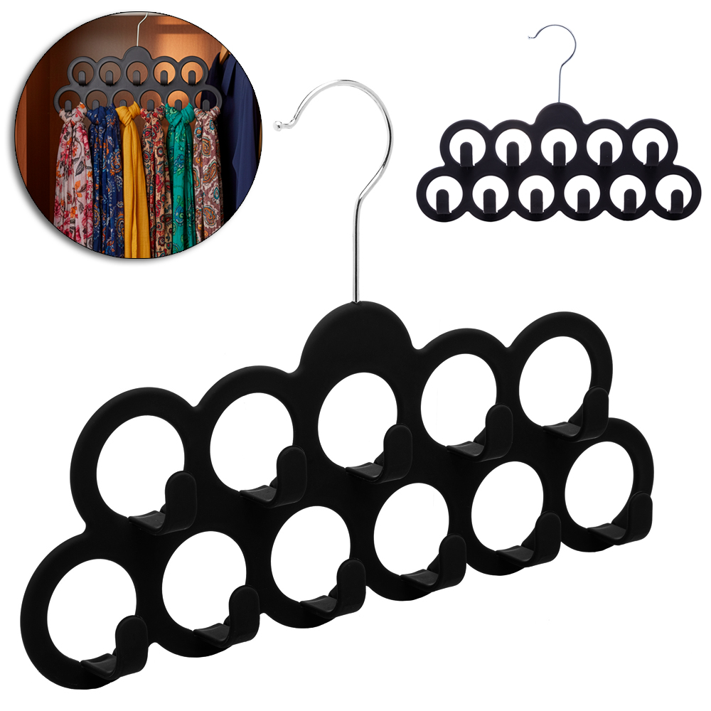 CABIDE DE PLASTICO EMBORRACHADO 11 GANCHOS PARA LENCO / GRAVATA PRETO 30X20,5CM 3,5MM