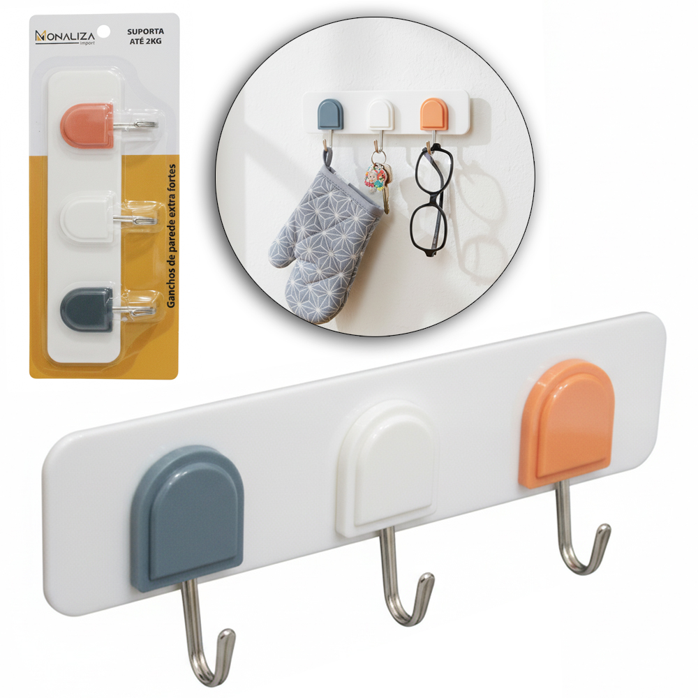 CABIDE GANCHO DE METAL TRIPLO AUTOADESIVO 20,5X7CM