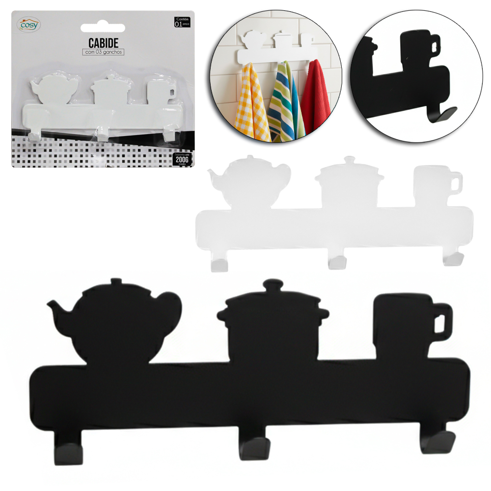 CABIDE GANCHO DE METAL TRIPLO AUTOADESIVO BRANCO/PRETO 12,5X5,5X2CM