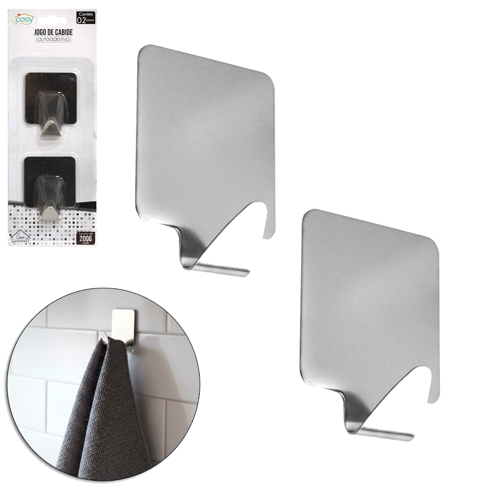 CABIDE GANCHO DE METAL QUADRADO AUTOADESIVO COM 2 PECAS 4,5X3,5CM
