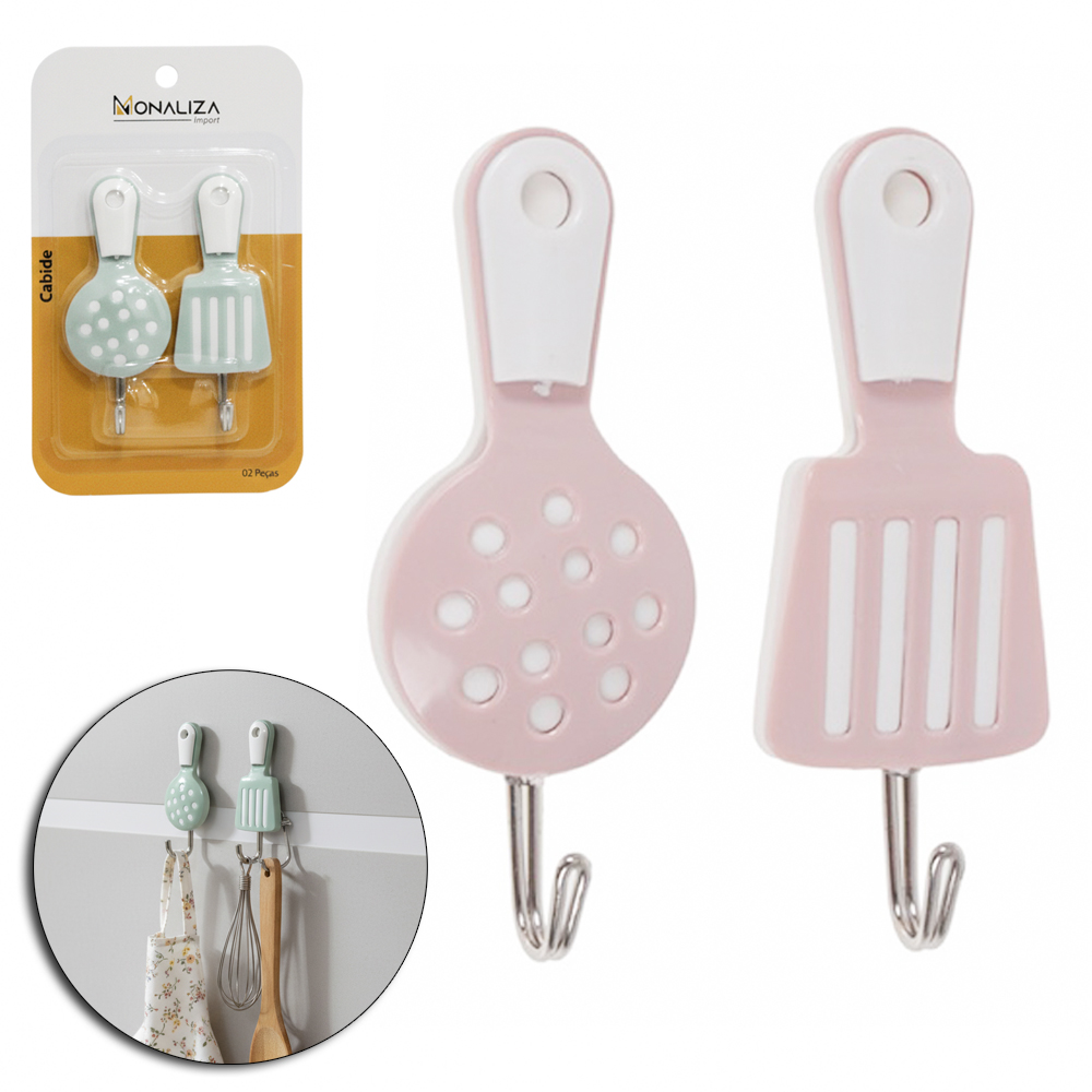 CABIDE GANCHO DE METAL ESCUMADEIRA / ESPATULA AUTOADESIVO COLORS COM 2 PECAS 10X4CM