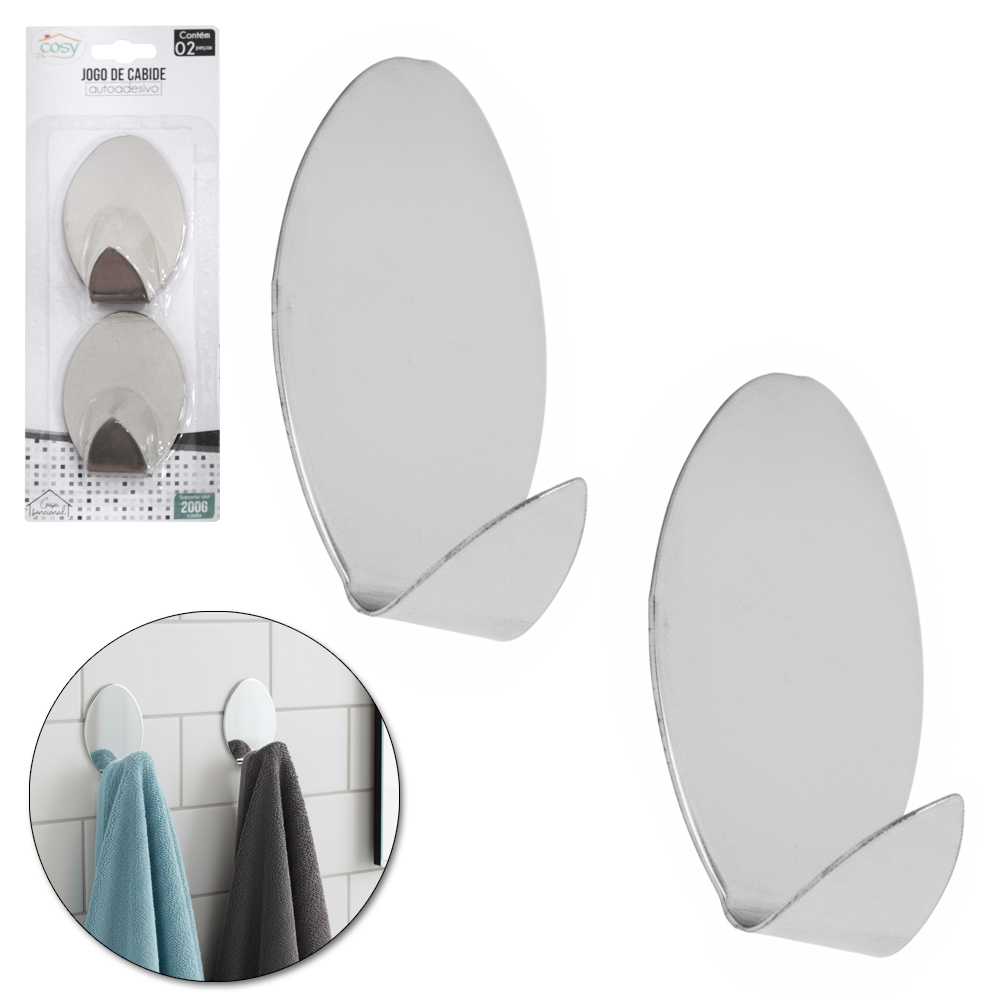 CABIDE GANCHO DE METAL OVAL AUTOADESIVO COM 2 PECAS 5X4CM