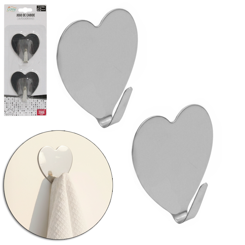 CABIDE GANCHO DE METAL CORACAO AUTOADESIVO COM 2 PECAS 4X4CM