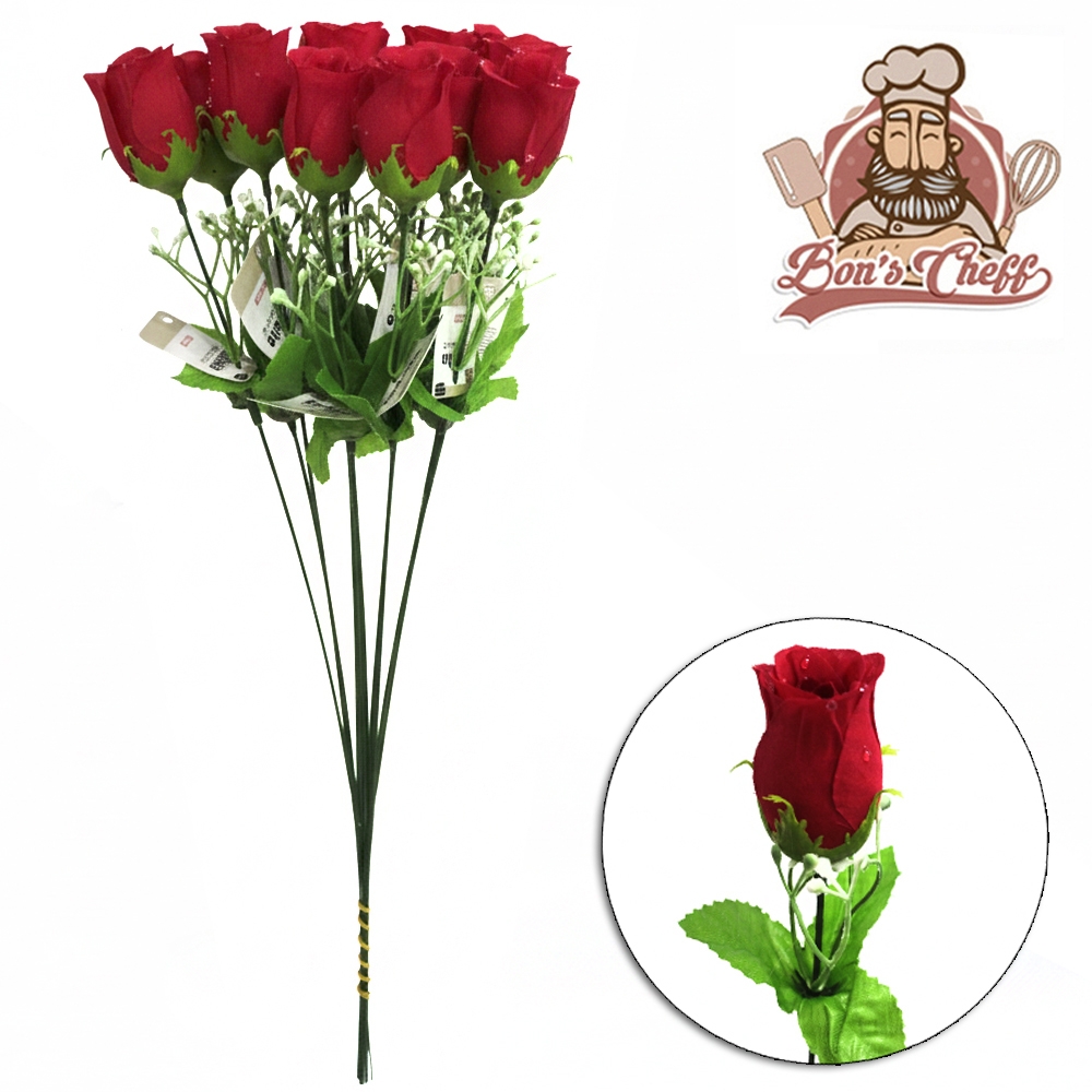 FLOR ARTIFICIAL BUQUE DE ROSA COM GOTA AGUA COM 12 ROSAS 49CM
