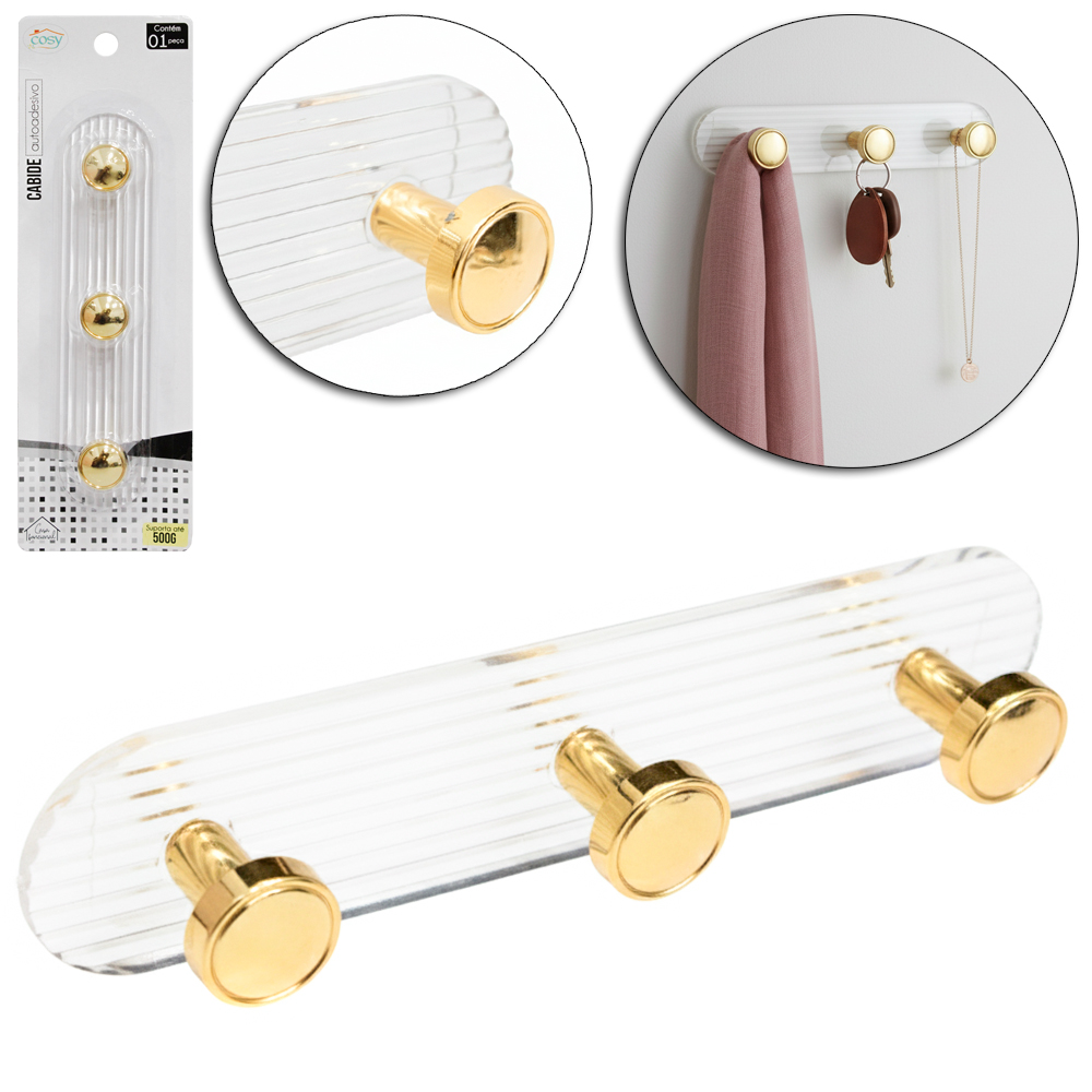 CABIDE GANCHO DE PLASTICO OVAL COM 3 GANCHOS AUTOADESIVO 18X4X3,3CM