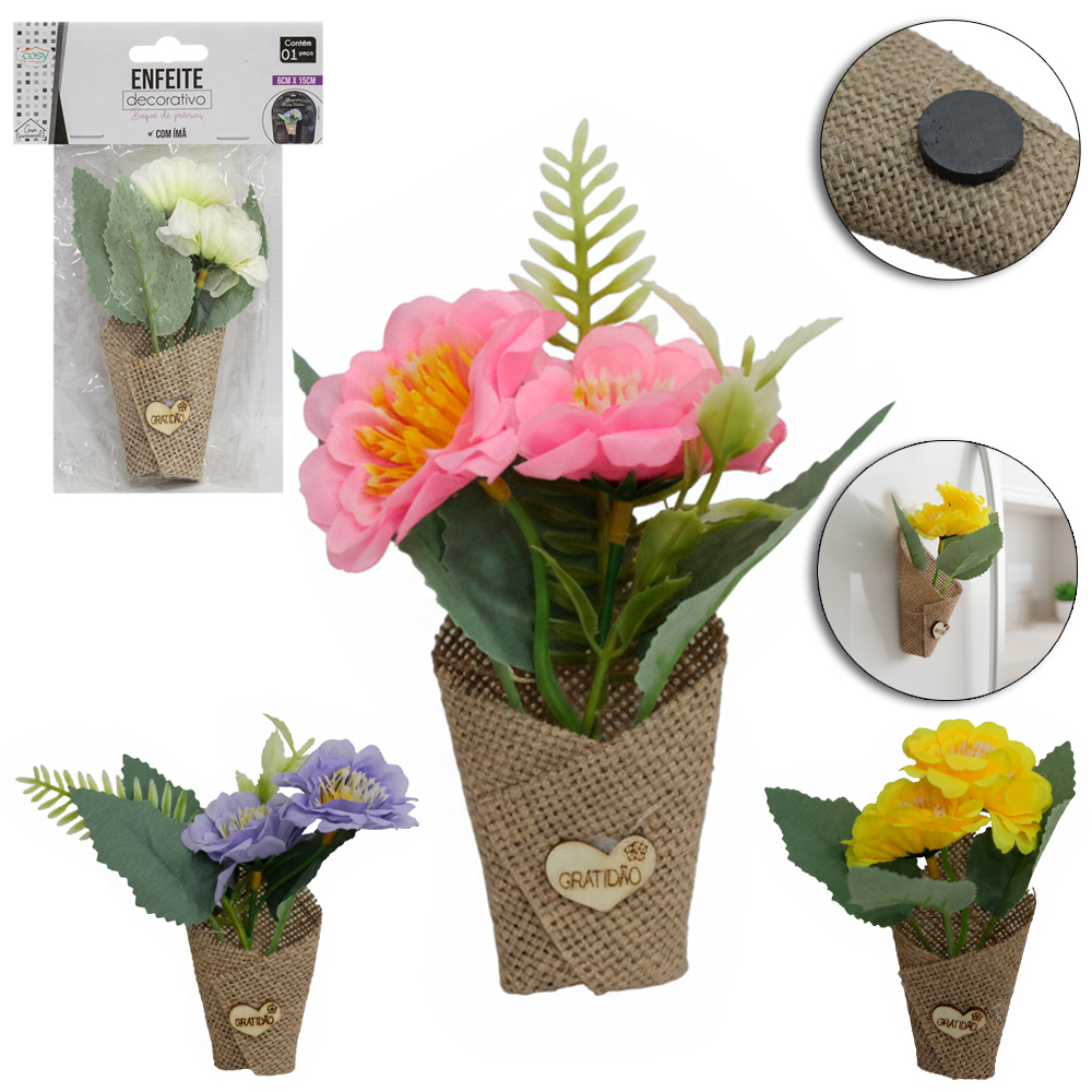 ENFEITE DECORATIVO BUQUE DE PEONIAS COM IMA 15X6CM