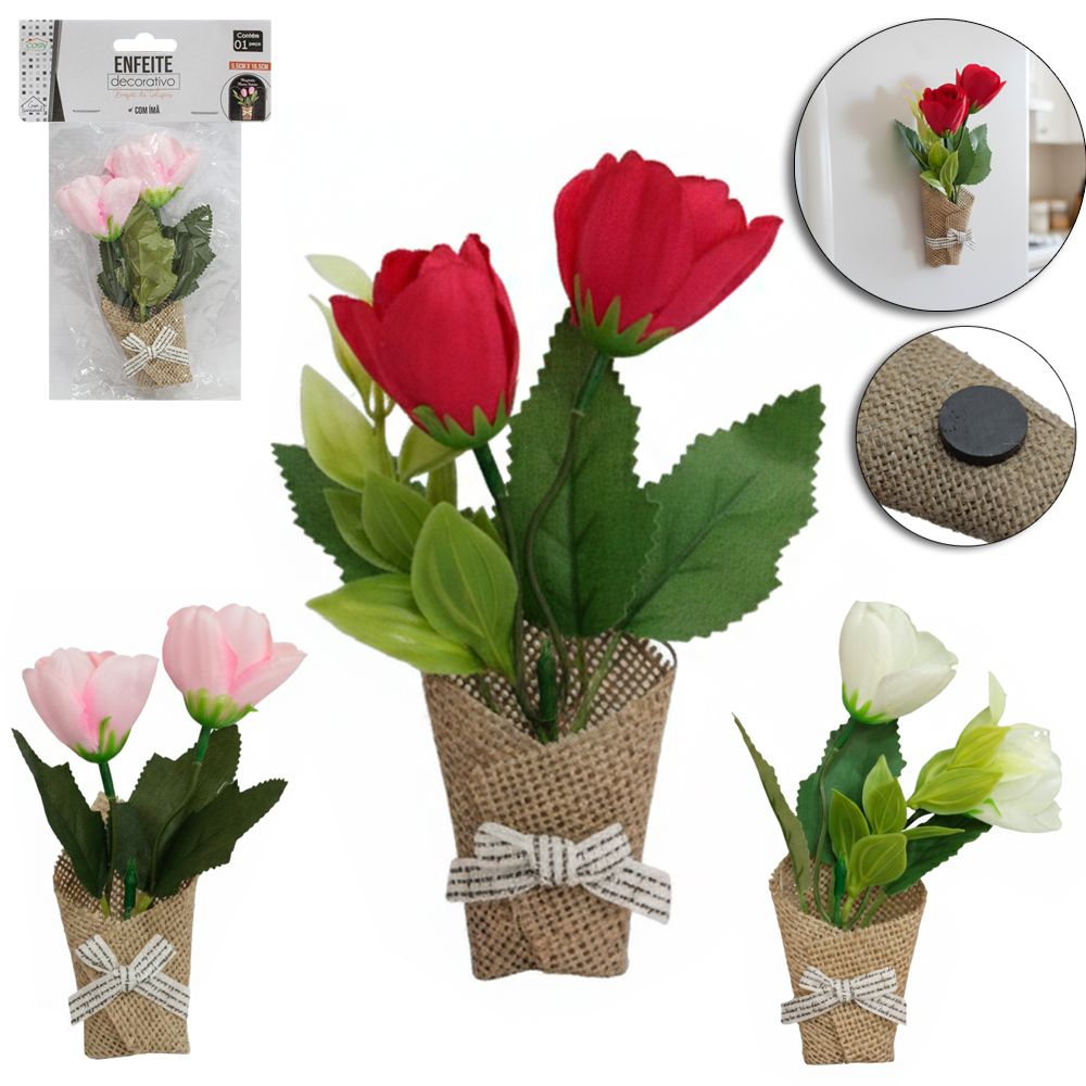 ENFEITE DECORATIVO BUQUE DE TULIPAS COM IMA 16,5X5,5CM