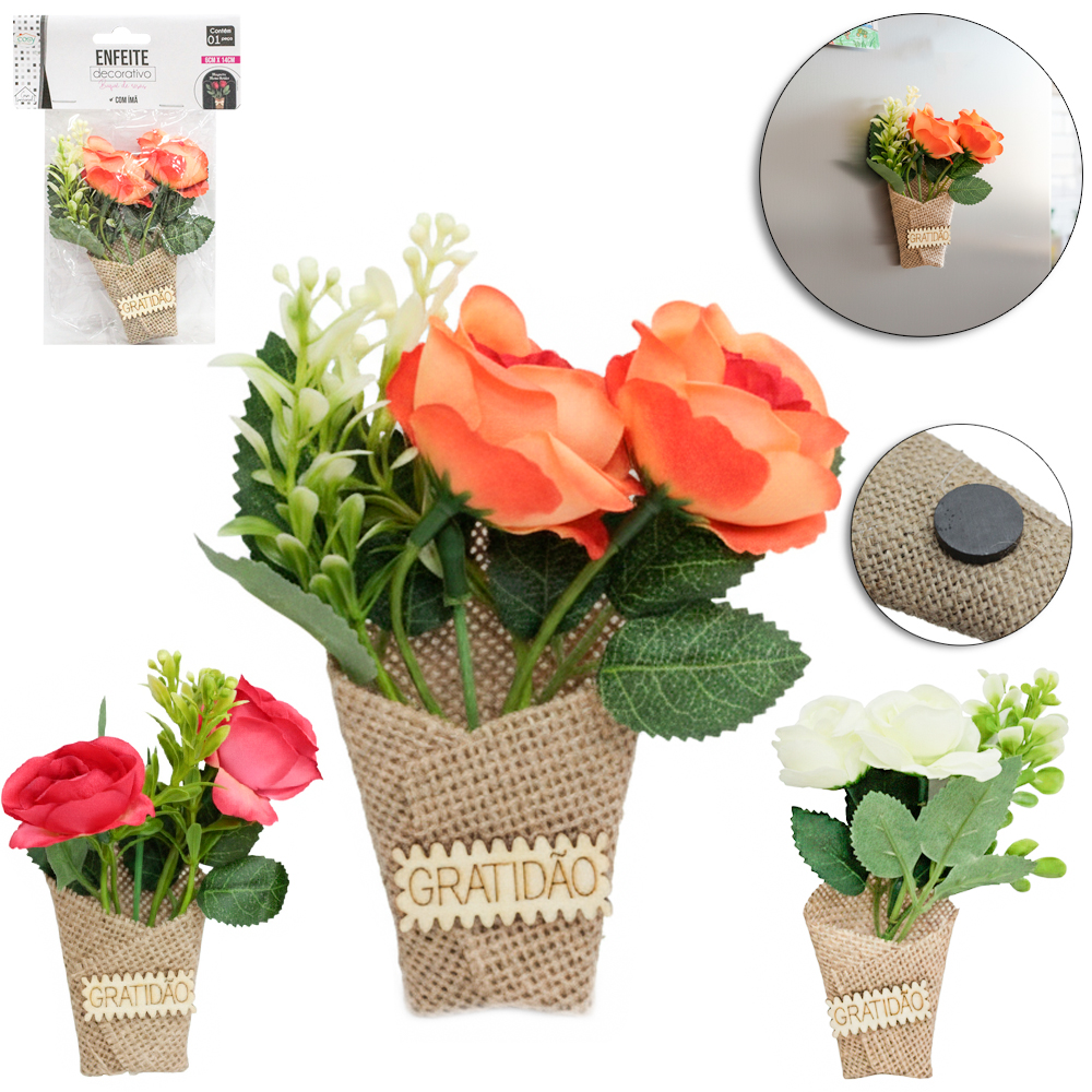 ENFEITE DECORATIVO BUQUE DE ROSAS COM IMA 14X6CM