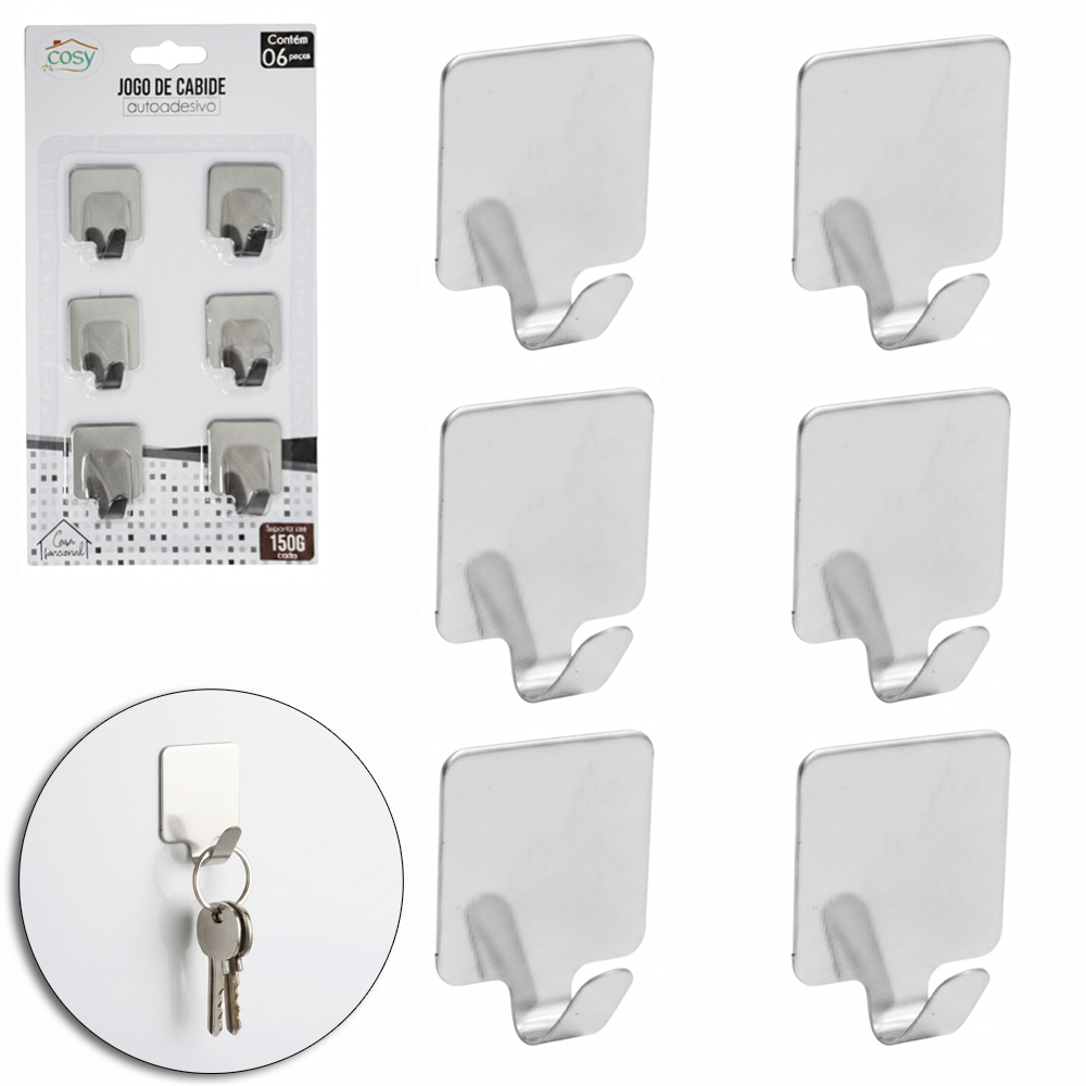CABIDE GANCHO DE METAL QUADRADO AUTOADESIVO COM 6 PECAS 2,5X2CM