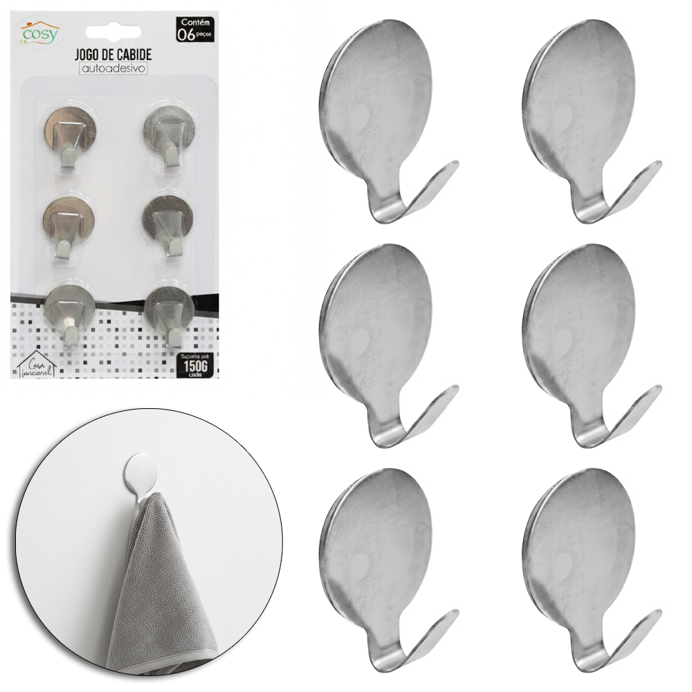 CABIDE GANCHO DE METAL REDONDO AUTOADESIVO COM 6 PECAS 2,5X2CM