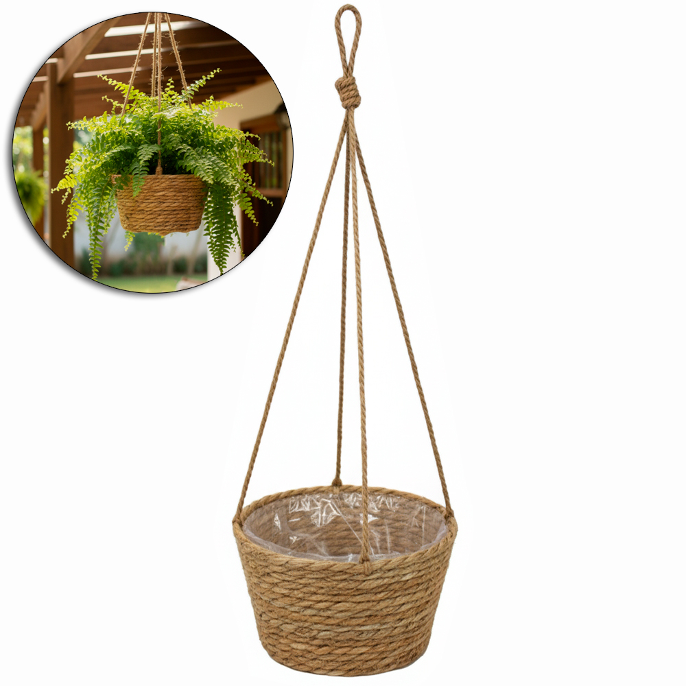 CESTO SUSPENSO / CACHEPOT FORRADO COM CORDA 63X19X13CM