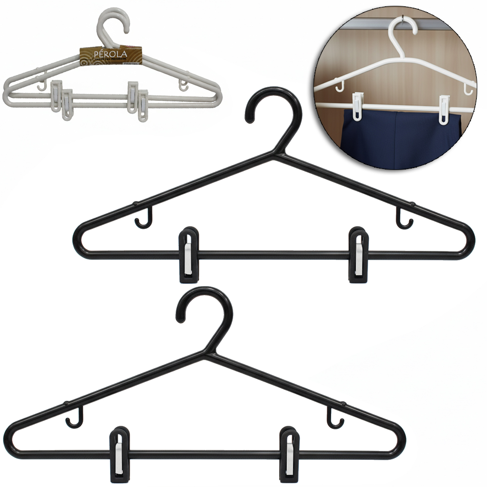 CABIDE ROUPA DE PLASTICO COM PRENDEDOR PRETO / BRANCO COM 2 PECAS 38,5X19CM 10MM